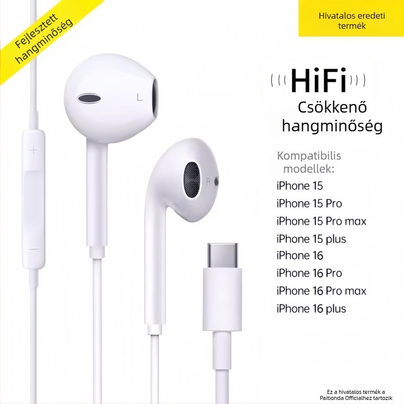 Vezetékes in-ear fülhallgató, 3,5 mm csatlakozóval, Apple iPhone 14-hez, 14 mm meghajtó, 1,2 m kábel, beépített mikrofon, frekvenciasáv 20–20000 Hz