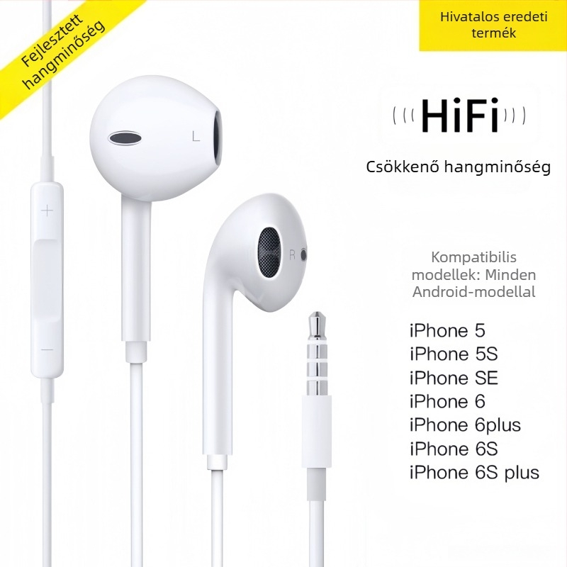 Vezetékes in-ear fülhallgató, 3,5 mm csatlakozóval, Apple iPhone 14-hez, 14 mm meghajtó, 1,2 m kábel, beépített mikrofon, frekvenciasáv 20–20000 Hz