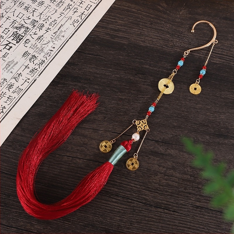 Ősi kínai stílusú fülbevalók rézérmés medálokkal és bojtokkal, kézzel készített ötvözet ékszerek, Yiwu eredet