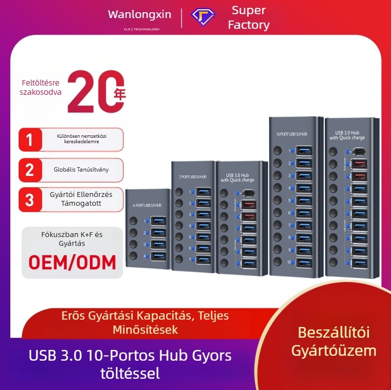 Alumínium ötvözet USB 3.0 hub független kapcsolóval, 2 porttal, külső tápegységgel, 5 Gbps