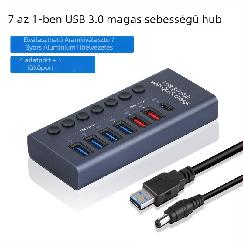 Alumínium ötvözet USB 3.0 hub független kapcsolóval, 2 porttal, külső tápegységgel, 5 Gbps