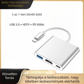 Type-C 3-in-1 dokkoló HDMI kimenettel és USB hubbal, külső tápegységgel, 5 Gbps átviteli sebesség