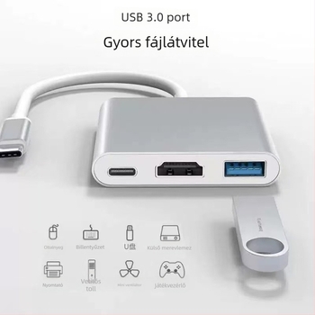 Type-C 3-in-1 dokkoló HDMI kimenettel és USB hubbal, külső tápegységgel, 5 Gbps átviteli sebesség