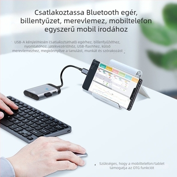Type-C videó konverter RJ45 Gigabit Ethernet porttal, 1 bemenet / 3 kimenet, PD100W gyors töltés, külső tápegység, USB 2.0 adatátvitel