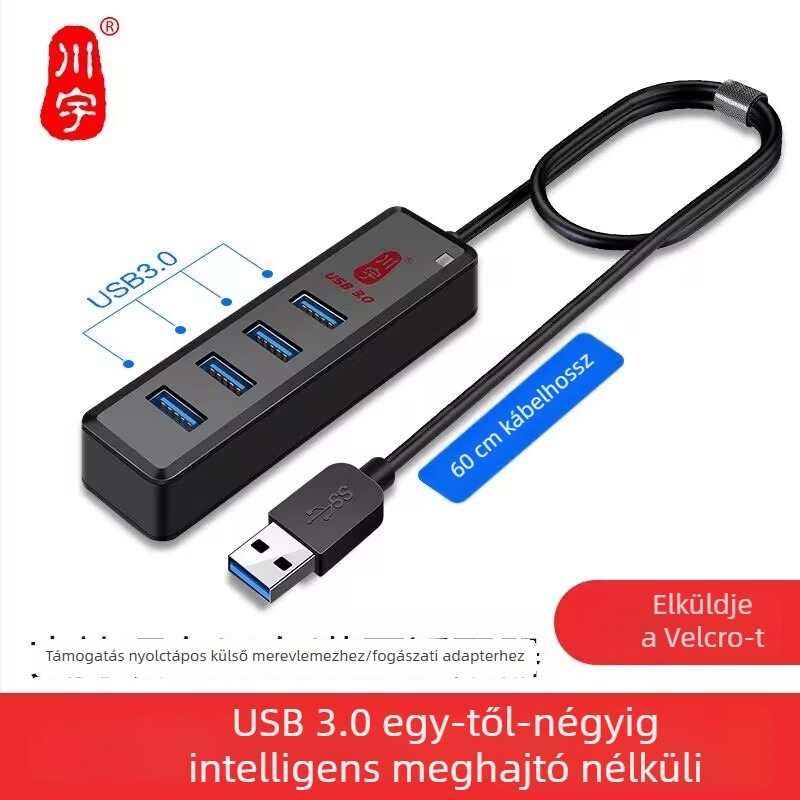 Laptophoz USB hub, 1-4 portok, USB 3.0, Type-C átvitel, modell H302 (USB 3.0, 1-4 kimenet, külső tápegység nélkül, 120 cm kábel)