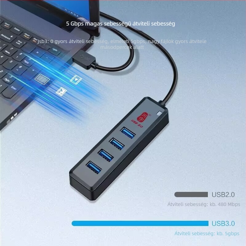 Laptophoz USB hub, 1-4 portok, USB 3.0, Type-C átvitel, modell H302 (USB 3.0, 1-4 kimenet, külső tápegység nélkül, 120 cm kábel)