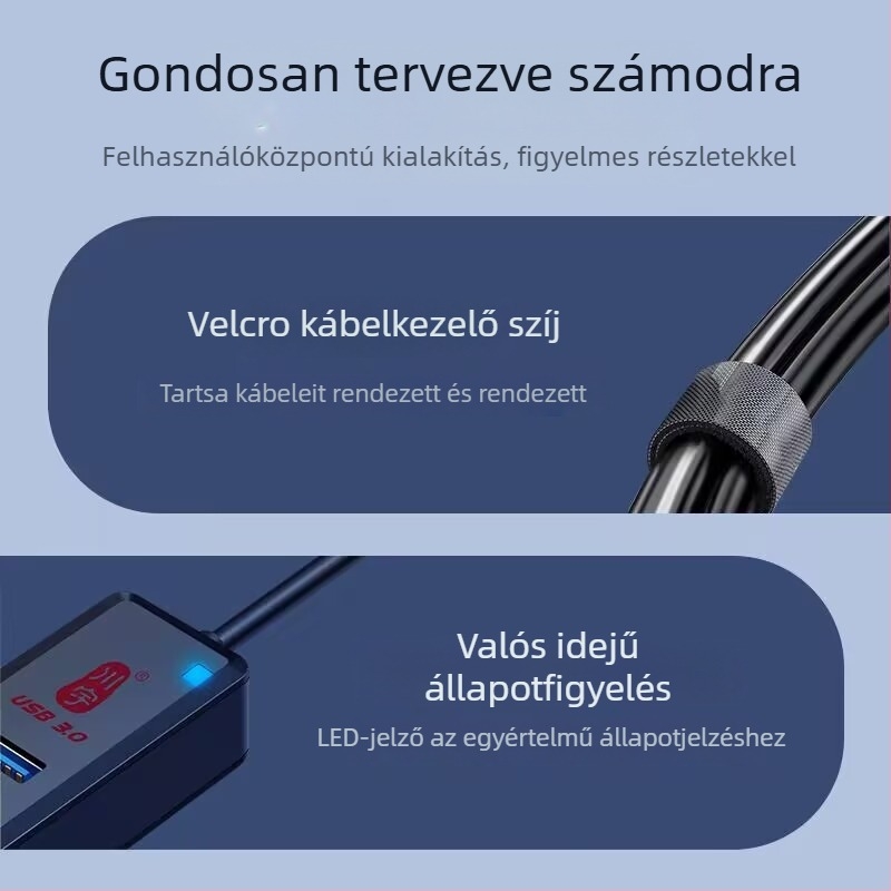 Laptophoz USB hub, 1-4 portok, USB 3.0, Type-C átvitel, modell H302 (USB 3.0, 1-4 kimenet, külső tápegység nélkül, 120 cm kábel)