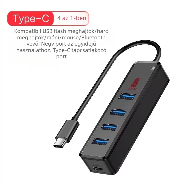 Laptophoz USB hub, 1-4 portok, USB 3.0, Type-C átvitel, modell H302 (USB 3.0, 1-4 kimenet, külső tápegység nélkül, 120 cm kábel)
