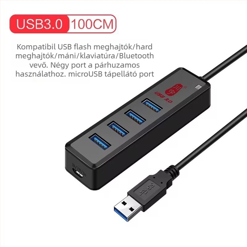 Laptophoz USB hub, 1-4 portok, USB 3.0, Type-C átvitel, modell H302 (USB 3.0, 1-4 kimenet, külső tápegység nélkül, 120 cm kábel)