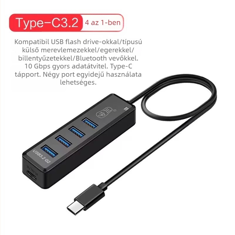 Laptophoz USB hub, 1-4 portok, USB 3.0, Type-C átvitel, modell H302 (USB 3.0, 1-4 kimenet, külső tápegység nélkül, 120 cm kábel)