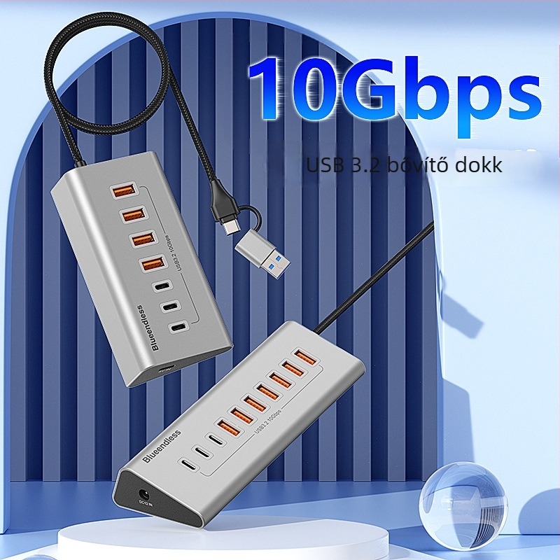Lanshuo USB 3.2 Type-C 10-portos hub külső tápegységgel, 5 Gbps