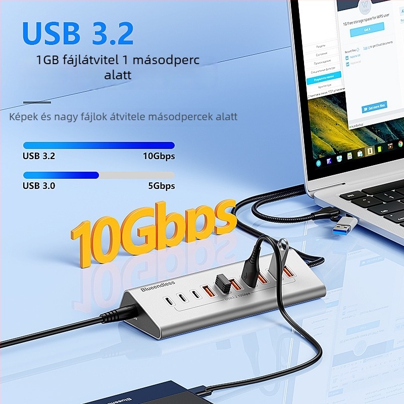 Lanshuo USB 3.2 Type-C 10-portos hub külső tápegységgel, 5 Gbps