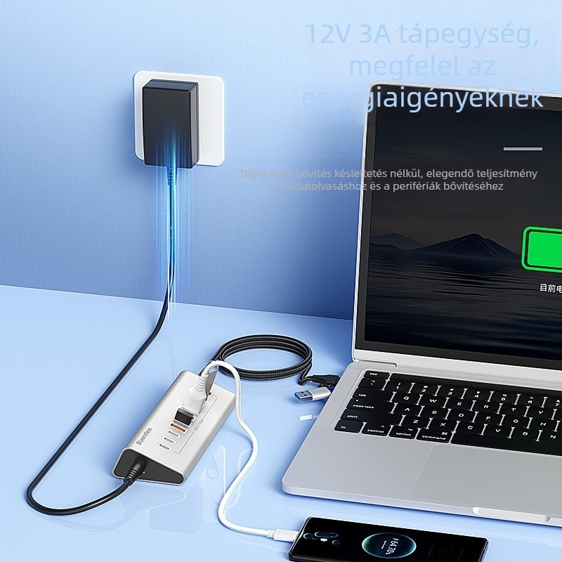 Lanshuo USB 3.2 Type-C 10-portos hub külső tápegységgel, 5 Gbps