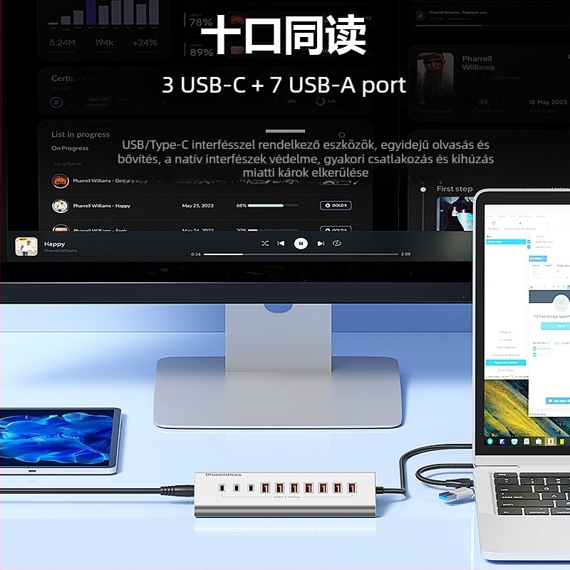 Lanshuo USB 3.2 Type-C 10-portos hub külső tápegységgel, 5 Gbps
