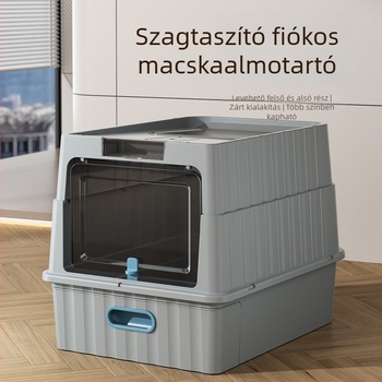 Extra nagy macskaalomtál, fiókos típusú, teljesen zárt, alsó bejárat és felső kijárat, fröccsenés- és szagtűrő, univerzális.