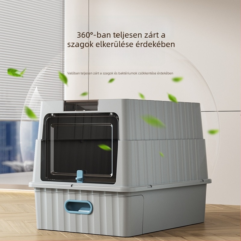 Extra nagy macskaalomtál, fiókos típusú, teljesen zárt, alsó bejárat és felső kijárat, fröccsenés- és szagtűrő, univerzális.