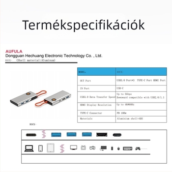 Type-C dokkolóállomás HDMI és USB 3.0 hubbal, 5-in-1, 5Gbps, 0.15m kábel, USB-tápellátás nélkül, modell HC--D--019
