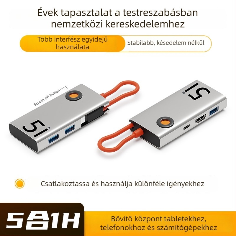 Type-C dokkolóállomás HDMI és USB 3.0 hubbal, 5-in-1, 5Gbps, 0.15m kábel, USB-tápellátás nélkül, modell HC--D--019