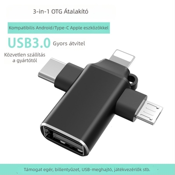 USB-C OTG 3-in-1 hub tablettákhoz — USB 3.0 felület, támogatja USB pendrive-ot és egeret, külső tápegítés nélkül