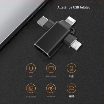 USB-C OTG 3-in-1 hub tablettákhoz — USB 3.0 felület, támogatja USB pendrive-ot és egeret, külső tápegítés nélkül