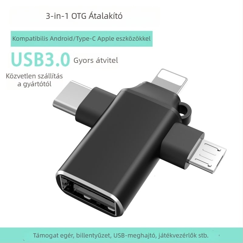 USB-C OTG 3-in-1 hub tablettákhoz — USB 3.0 felület, támogatja USB pendrive-ot és egeret, külső tápegítés nélkül