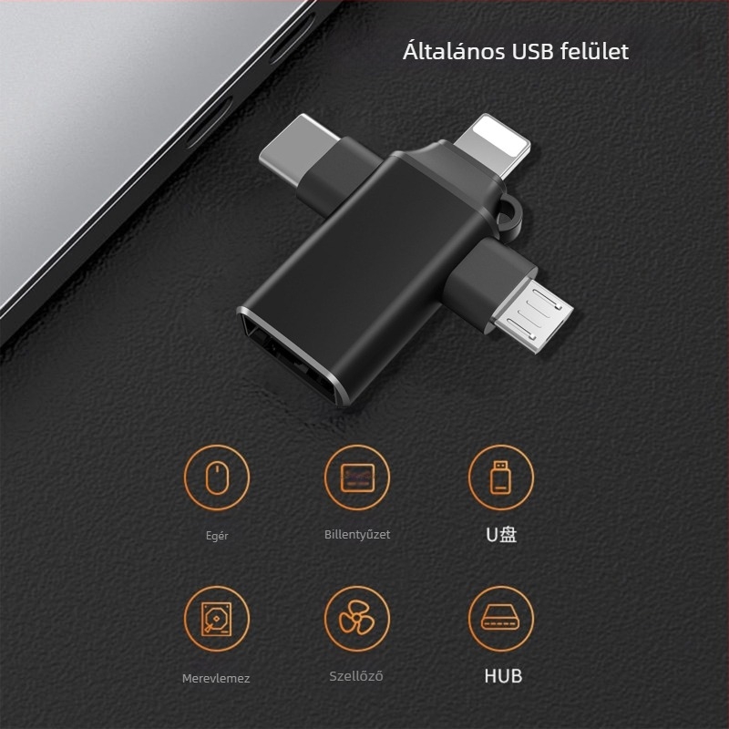 USB-C OTG 3-in-1 hub tablettákhoz — USB 3.0 felület, támogatja USB pendrive-ot és egeret, külső tápegítés nélkül