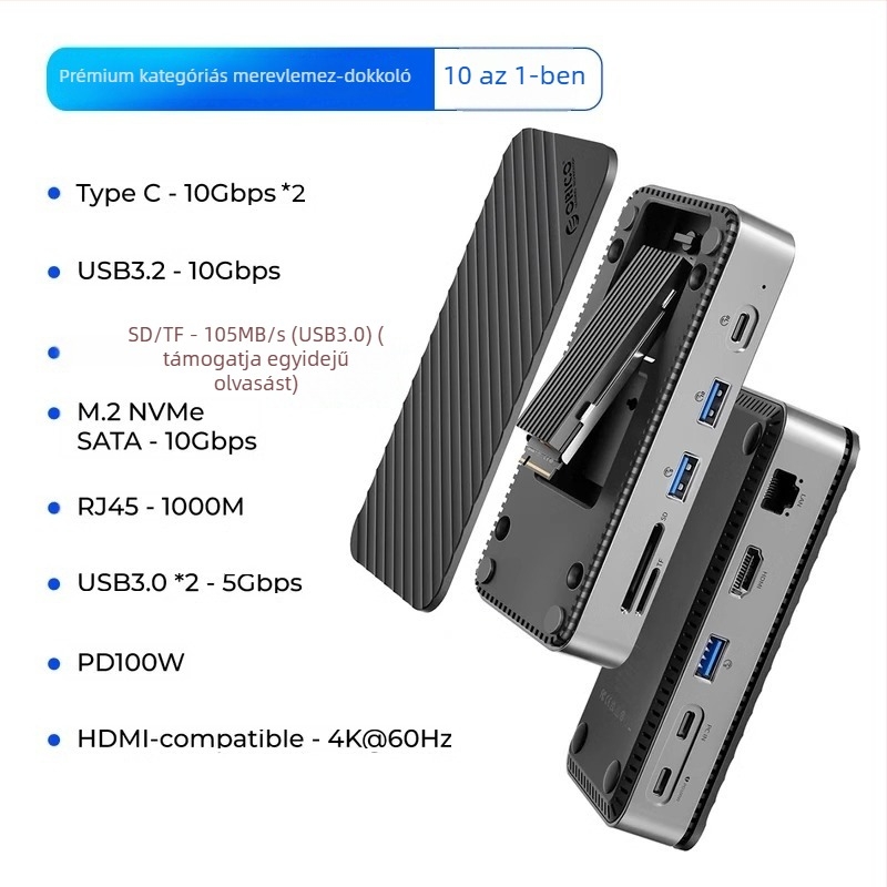 Orico USB 3.2 Gen2 dokk 3.5/2.5'' és M.2 NVMe/SATA meghajtókhoz, USB-s tápellátás nélkül