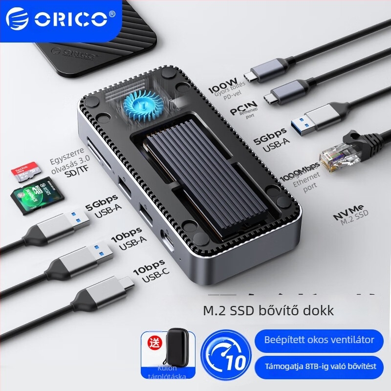 Orico USB 3.2 Gen2 dokk 3.5/2.5'' és M.2 NVMe/SATA meghajtókhoz, USB-s tápellátás nélkül