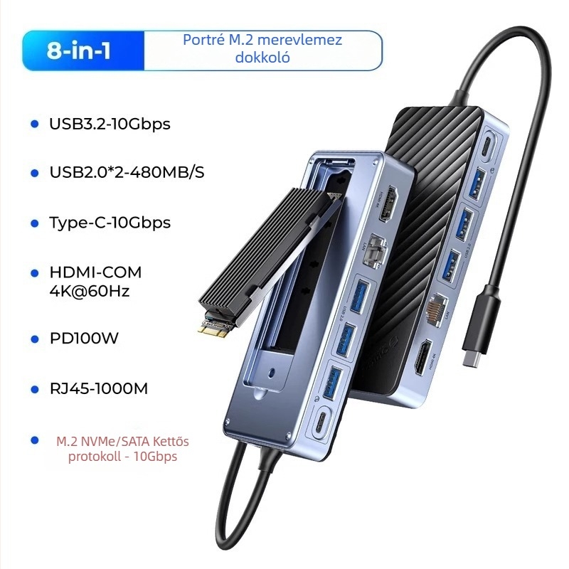 Orico USB 3.2 Gen2 dokk 3.5/2.5'' és M.2 NVMe/SATA meghajtókhoz, USB-s tápellátás nélkül