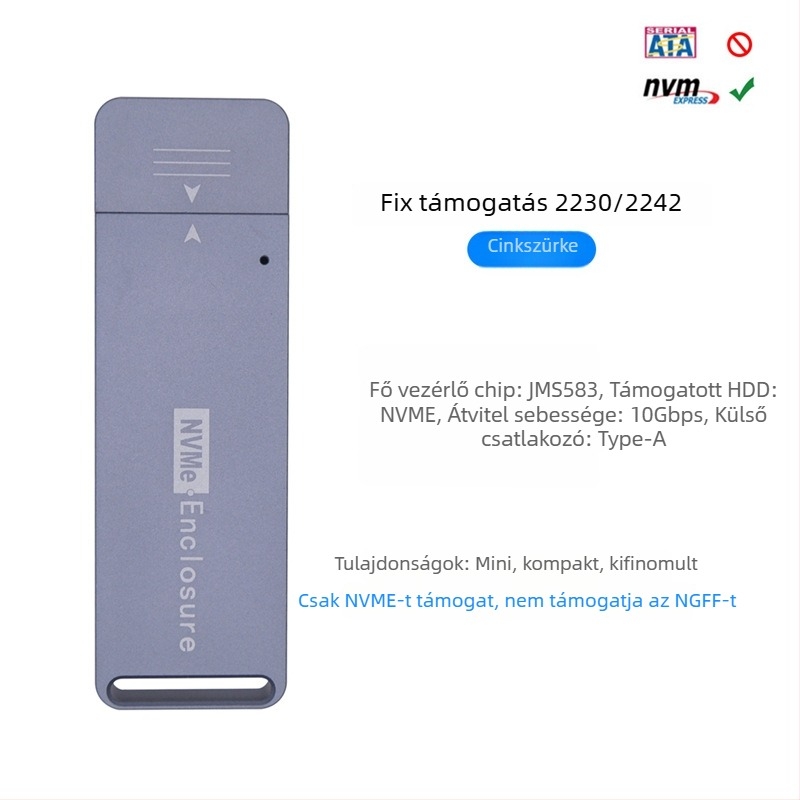 NVMe NGFF külső ház USB Type-A-hoz, CNC alumínium ötvözet, USB 3.1, 10 Gbps, modell MCA1231