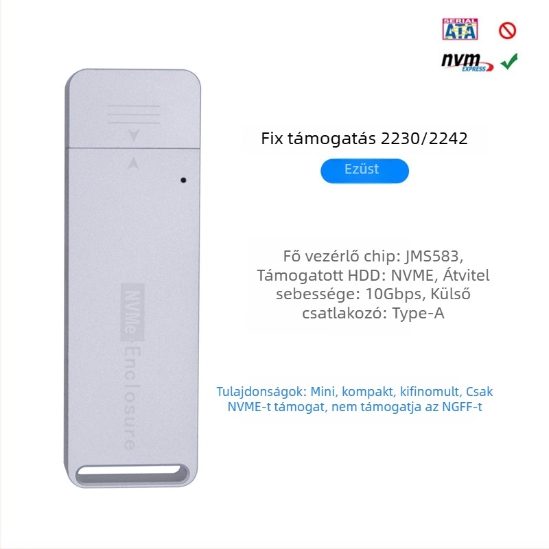 NVMe NGFF külső ház USB Type-A-hoz, CNC alumínium ötvözet, USB 3.1, 10 Gbps, modell MCA1231
