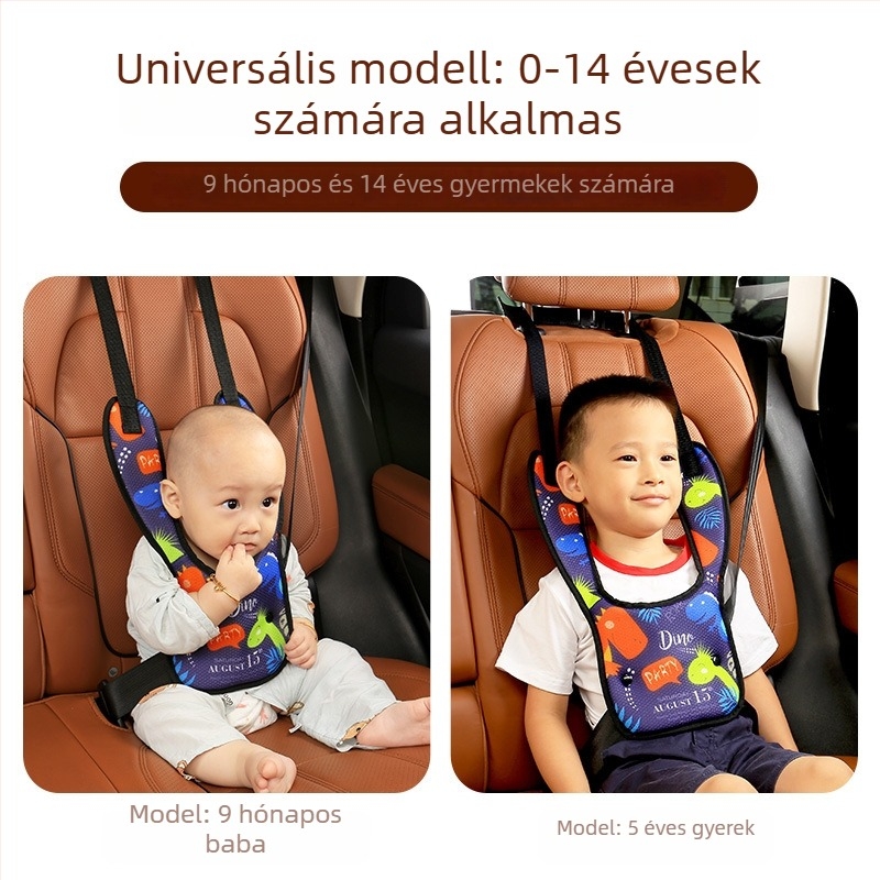 Gyerekeknek szánt autóöv állító, has- és vállvédővel, cartoon dizájn, gombos zárás, hordozható