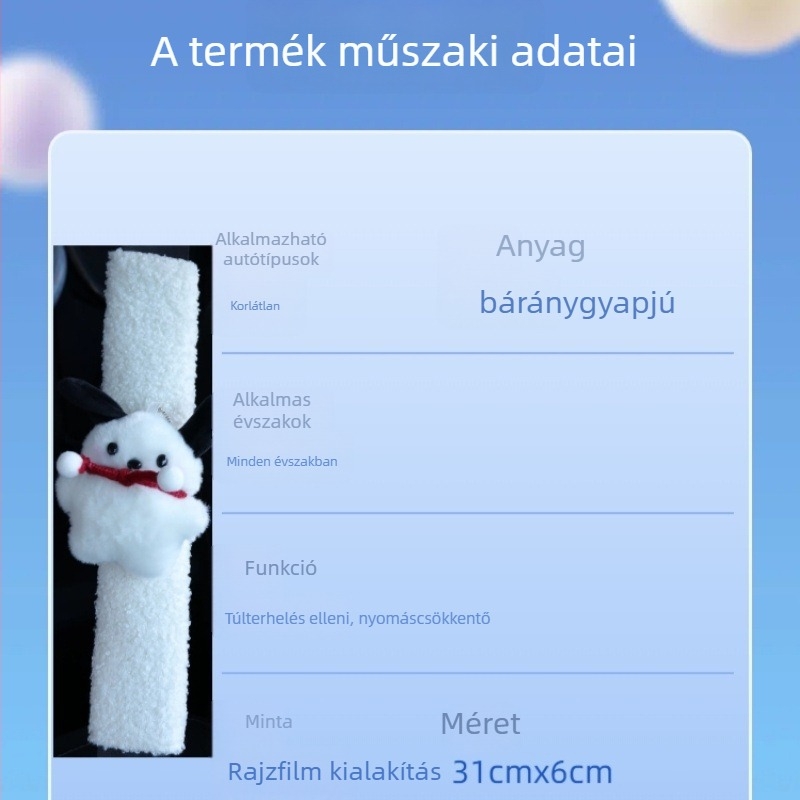Rajzfilmszerű Pacha Dog – autóöv vállvédő párna, báránygyapjú, márka Tianchen, súly 0,18 kg