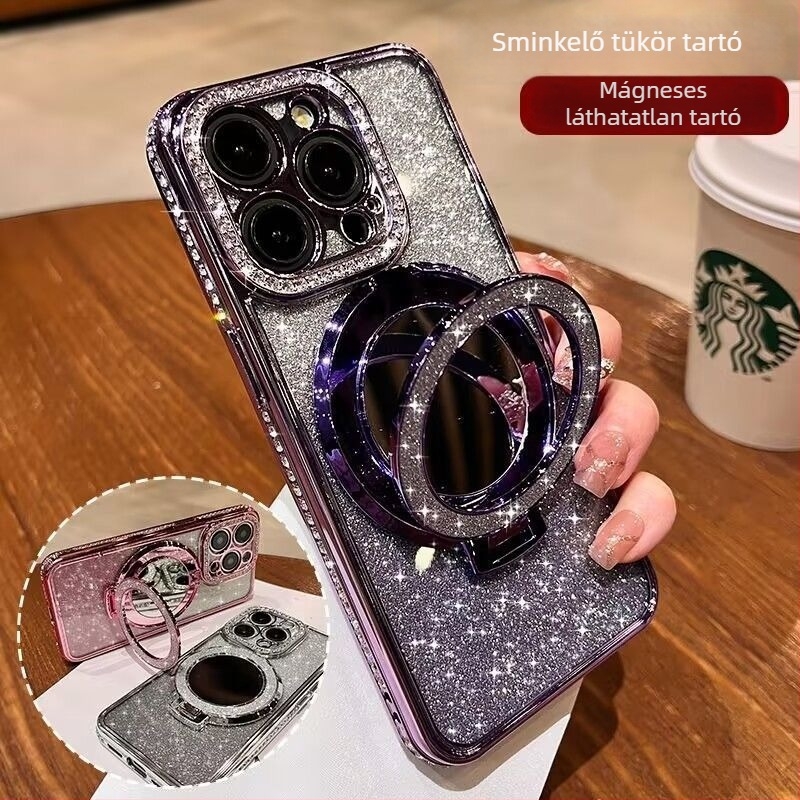 Smink tükör csillogó kövekkel és szilikon kerettel, elektroplatinált részletek, esésálló, kompatibilis az iPhone 11/12/12 Pro/12 Pro Max/13 Pro/14 Pro/14 Pro Max