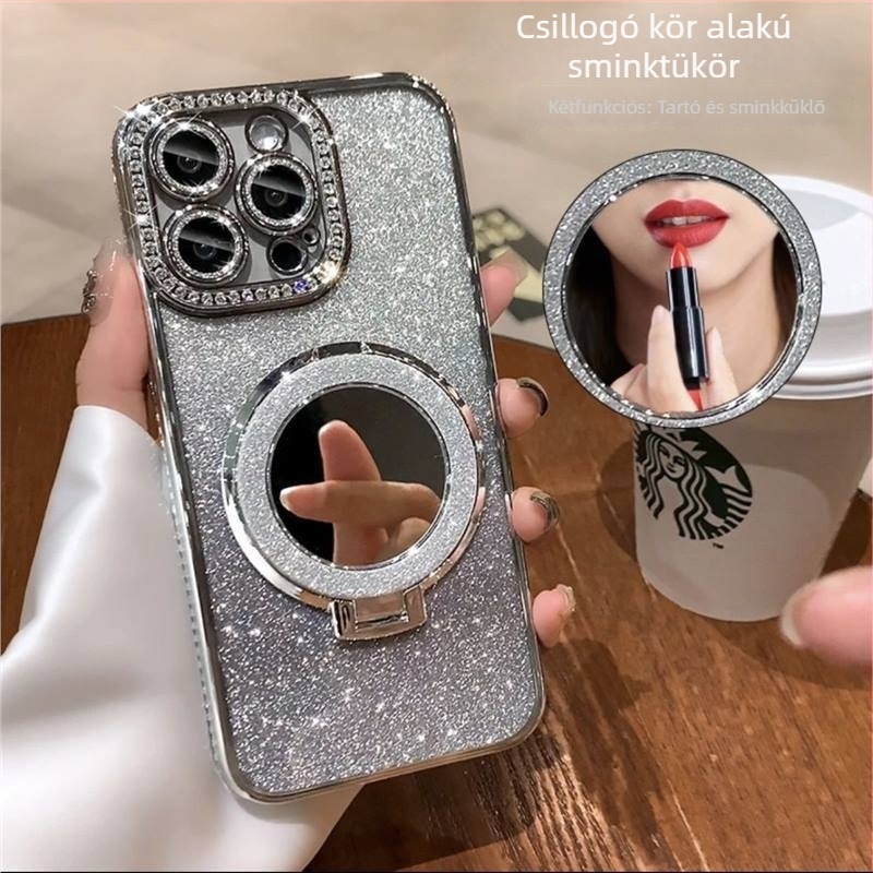 Smink tükör csillogó kövekkel és szilikon kerettel, elektroplatinált részletek, esésálló, kompatibilis az iPhone 11/12/12 Pro/12 Pro Max/13 Pro/14 Pro/14 Pro Max