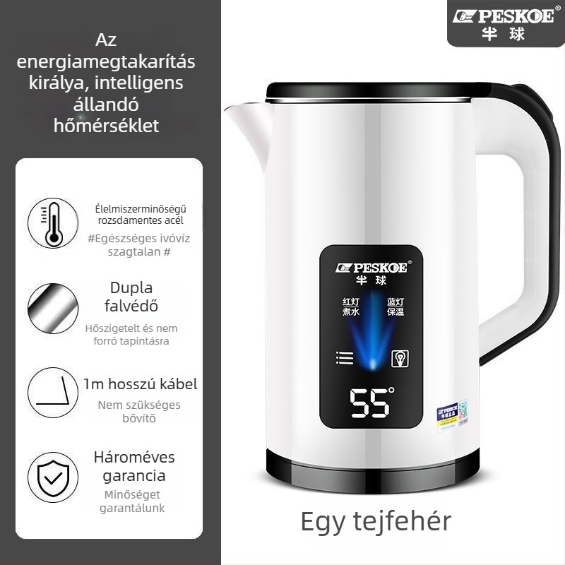 Elektromos vízforraló Hemisphere, nagy kapacitású (>2 L), gombos működés, kettős falú szigetelés, beépített állandó hőmérséklet-szabályozó