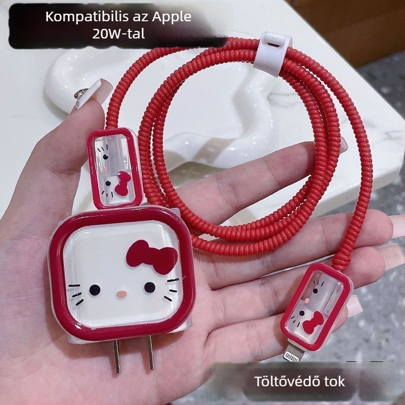 Hello Kitty rajzfilm-stílusú töltővédő tok Apple iPhone töltőhöz és 20W táblagép-adatkábelt védő