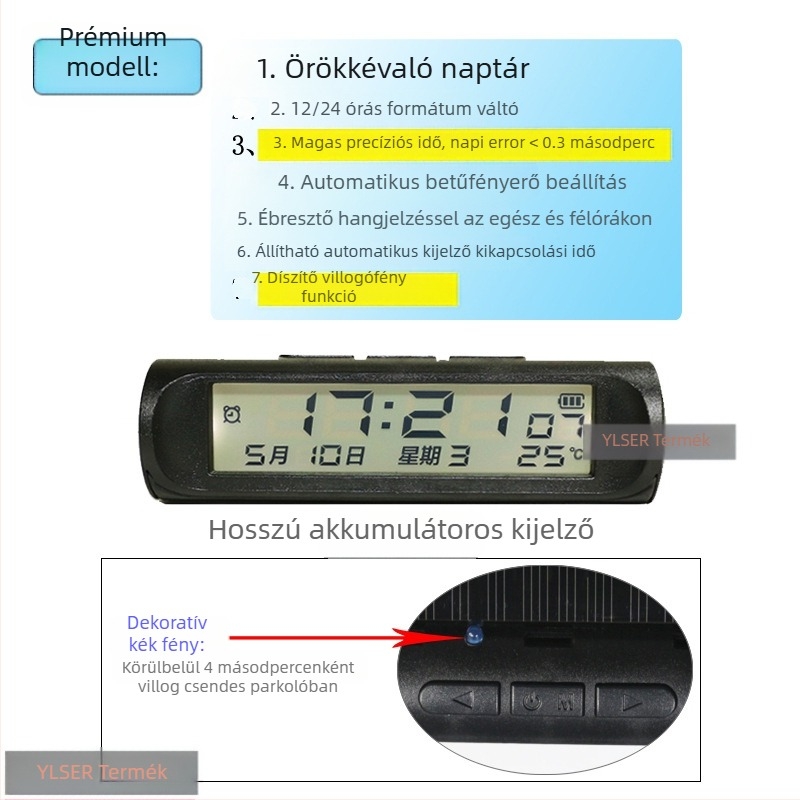 Autóóra-thermométer, műanyag, axiális típus, márka YLSER, Fujian eredetű.