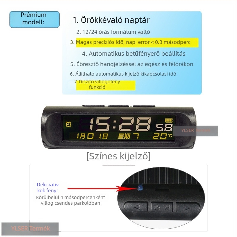 Autóóra-thermométer, műanyag, axiális típus, márka YLSER, Fujian eredetű.