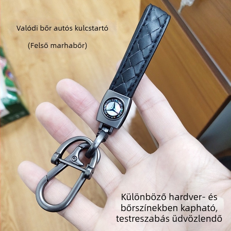 Első réteg marhabőrből készült autókulcstartó, lánc cinkötvözetből elektroplatált bevonattal, autólogóval