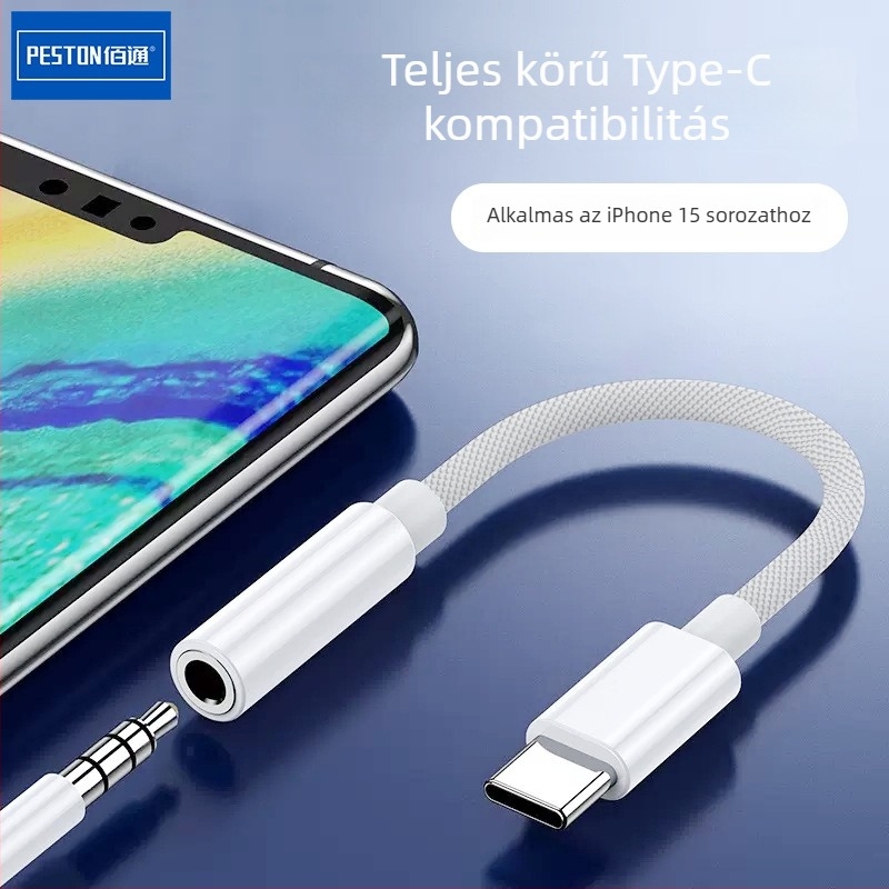 Type-C–ről 3,5 mm-es adapterkábel iPhone 15 sorozathoz – nylon fonat, oxigénmentes réz mag, nikkelezett felület