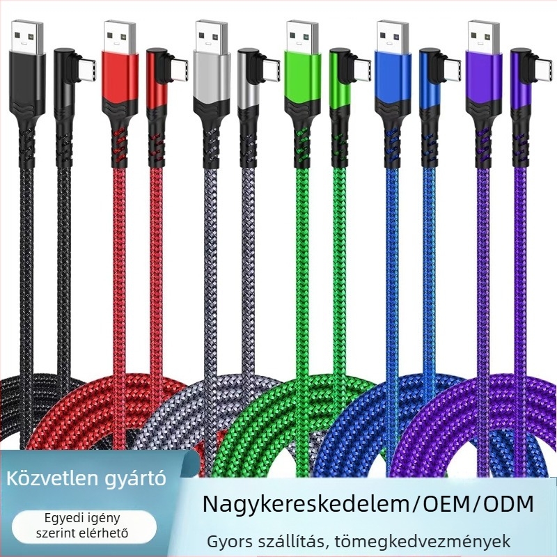 USB-C hajlított kábel nylon szövésű, gyors töltés és adatátvitel, 60W max, egy csatlakozó