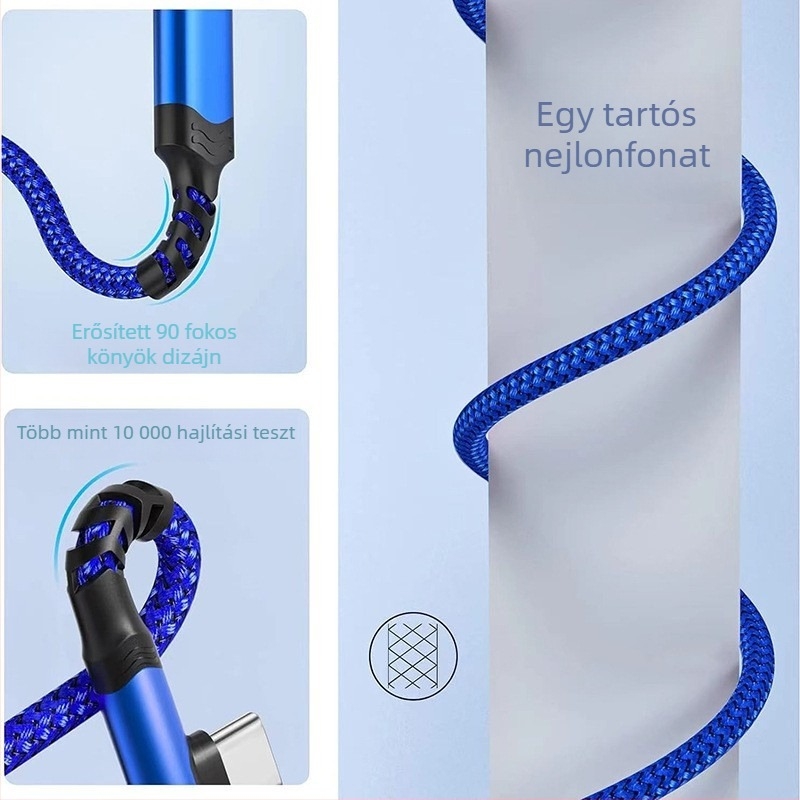 USB-C hajlított kábel nylon szövésű, gyors töltés és adatátvitel, 60W max, egy csatlakozó