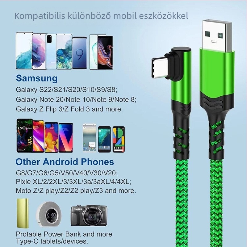 USB-C hajlított kábel nylon szövésű, gyors töltés és adatátvitel, 60W max, egy csatlakozó