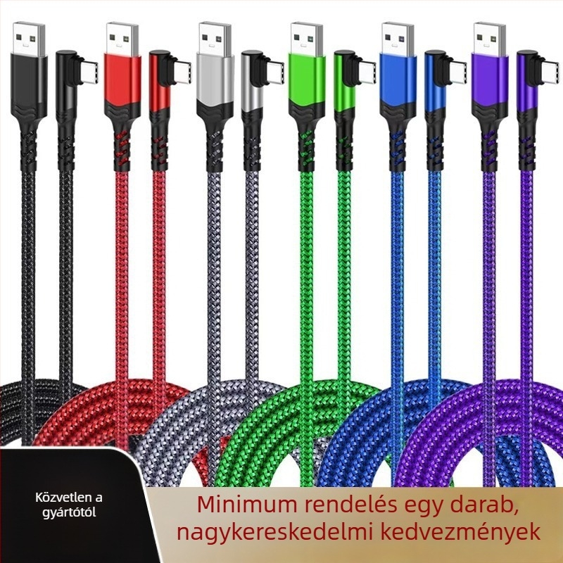 USB-C hajlított kábel nylon szövésű, gyors töltés és adatátvitel, 60W max, egy csatlakozó