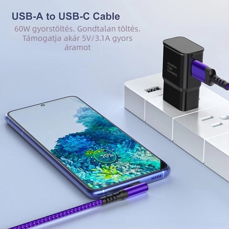 USB-C hajlított kábel nylon szövésű, gyors töltés és adatátvitel, 60W max, egy csatlakozó