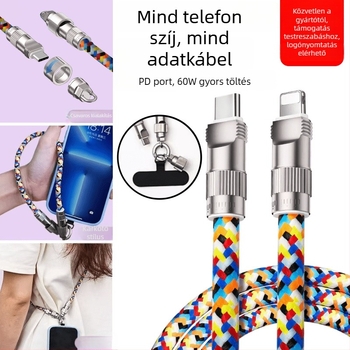 Telefonhoz készült nyakpántos adatkábel Type-C és Lightning csatlakozókkal, vastag, kötött kábel cink-ötvözet csatlakozókkal, 100W gyorstöltés