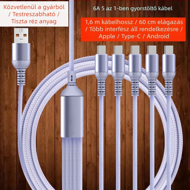 66W gyors töltésű, fonott 5-in-1 töltőkábel USB-C, Micro-USB és Lightning csatlakozókkal (1-2 m)