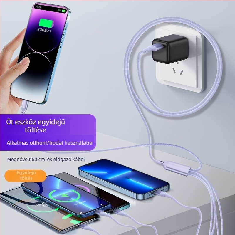 66W gyors töltésű, fonott 5-in-1 töltőkábel USB-C, Micro-USB és Lightning csatlakozókkal (1-2 m)