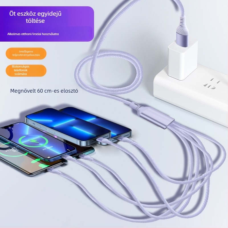 66W gyors töltésű, fonott 5-in-1 töltőkábel USB-C, Micro-USB és Lightning csatlakozókkal (1-2 m)